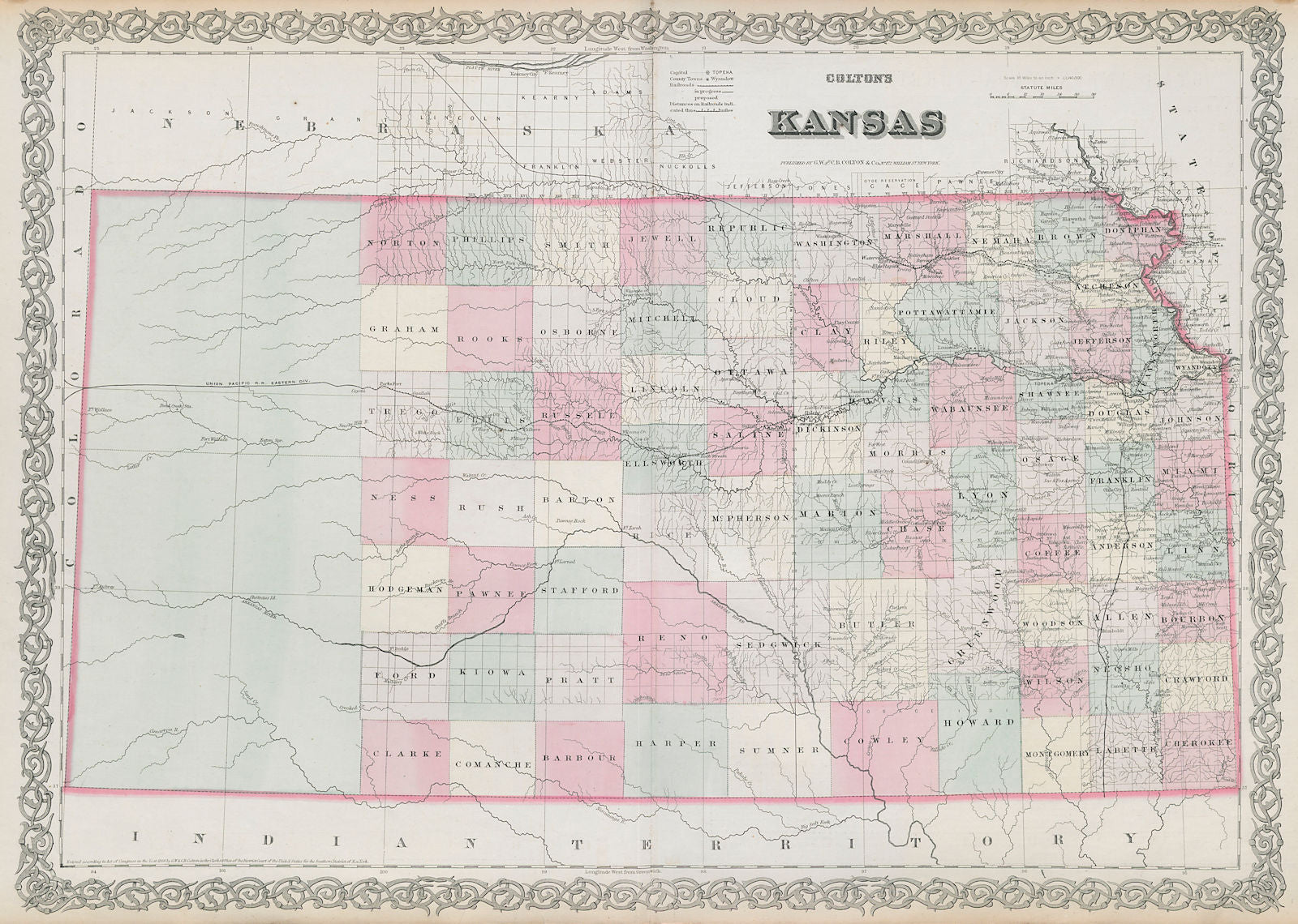 Colton's Kansas. Decorative antique US state map 1869 old chart